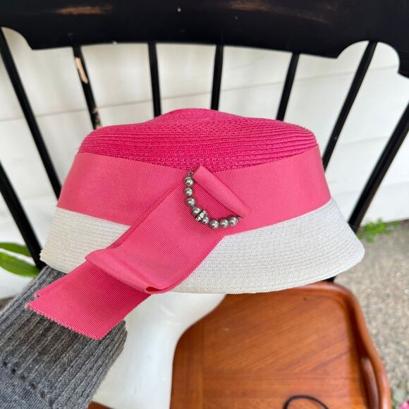 VTG Pink White Church Derby Tea Party Hat Coastal Prep Palm Beach main image 5